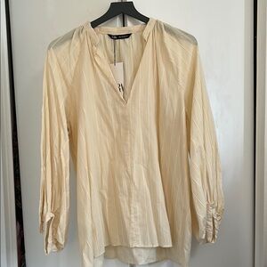 Zara Tan 3/4 Sleeve Mandarin Collar Blouse